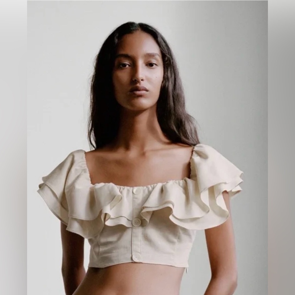 Zara Cropped Ruffle Linen Blend Top